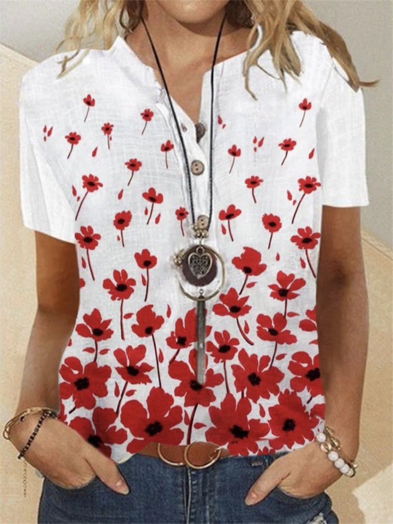 Flower Print Short Sleeve Stand Collar Shirt