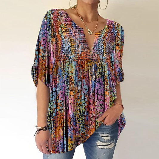 Modern V-Neck Multi-color Half Sleeve Top