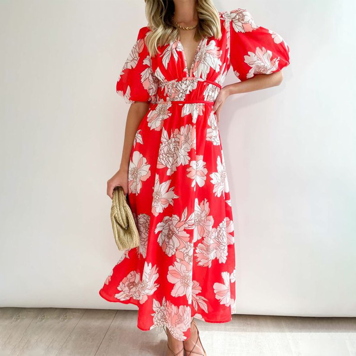 Showy Red Short Sleeve Maxi Dress