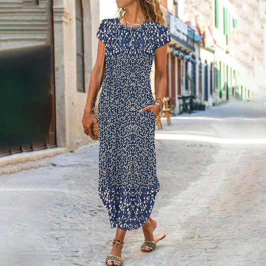 Royal Blue White Floral Print Round Collar Midi Dress