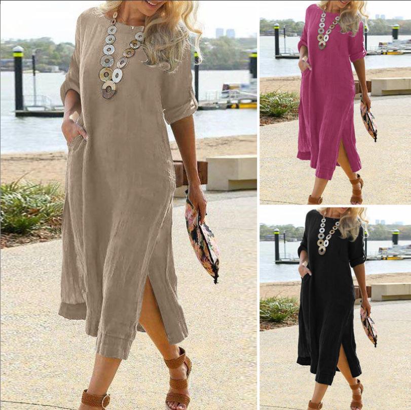 Solid Color Short Sleeve Round Neck Midi Casual Dress