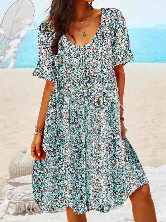 Round Neck Printed Loose Mini Dress