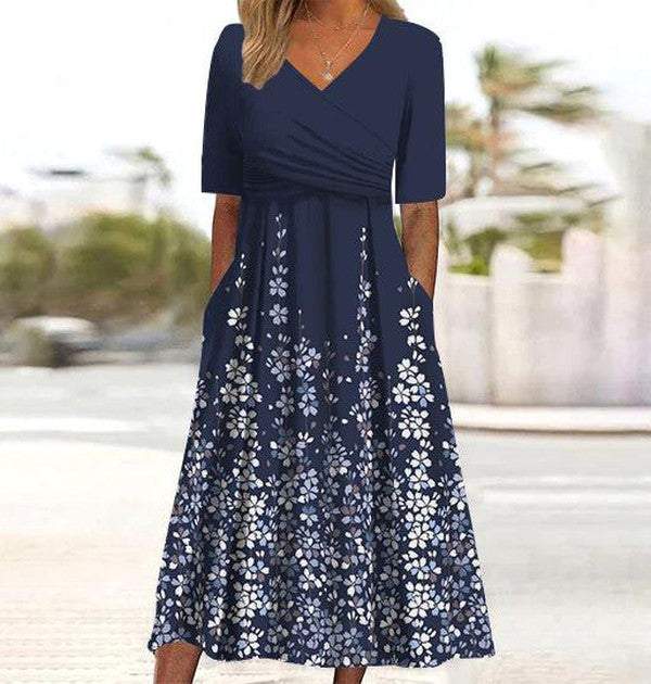 Navy Short Sleeve Side Pocket Midi Dress