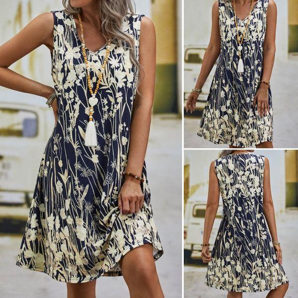 Vacation Plants Floral Loosen V Neck MidiSleeveless Dresses