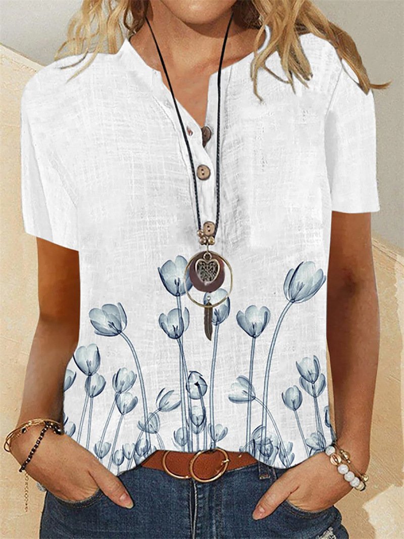 Flower Print Short Sleeve Stand Collar Shirt