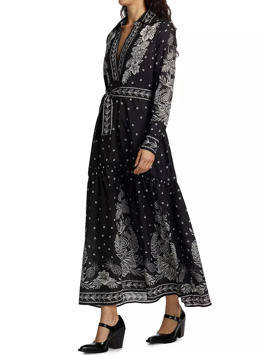 Printed Long Sleeve Lace Up Maxi Dress