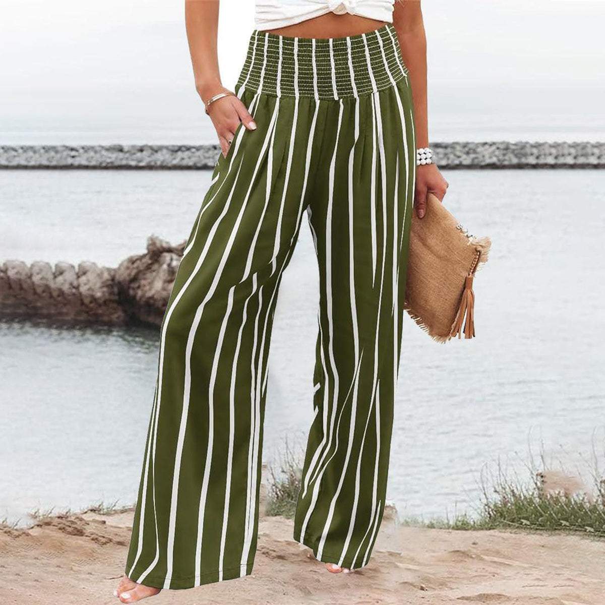 Green Striped Elastic Waistband Pants