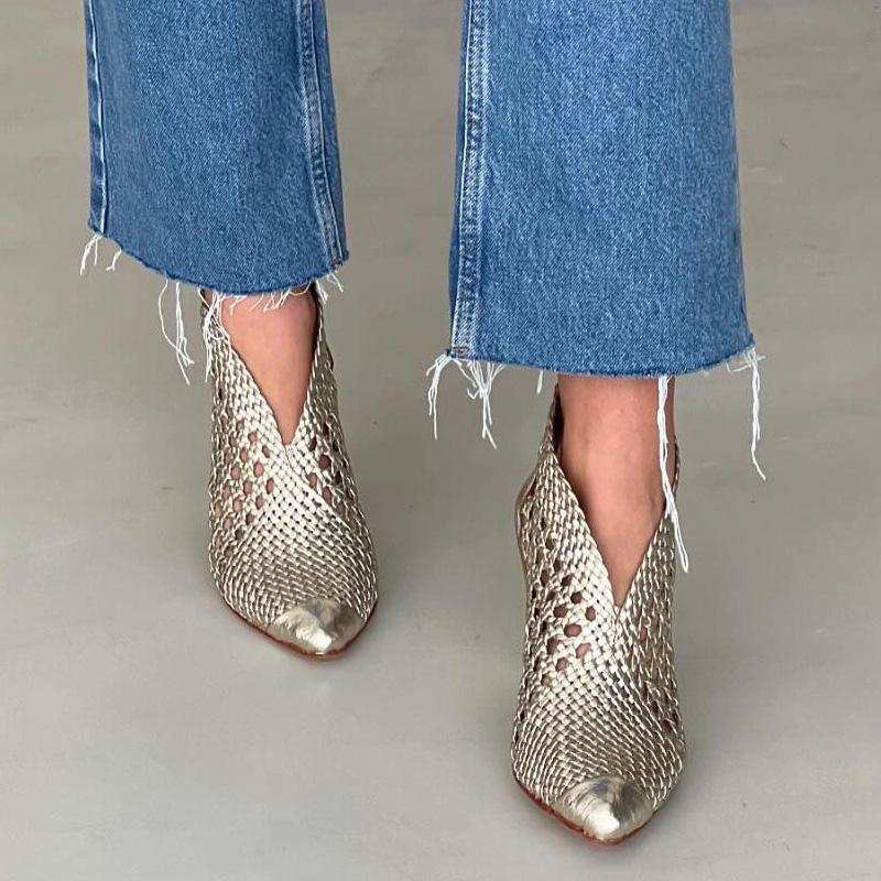 Woven Pointed Block Heel Ankle Boots