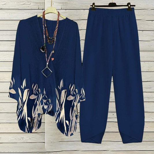 Navy Print V-Neck Two Piece Set