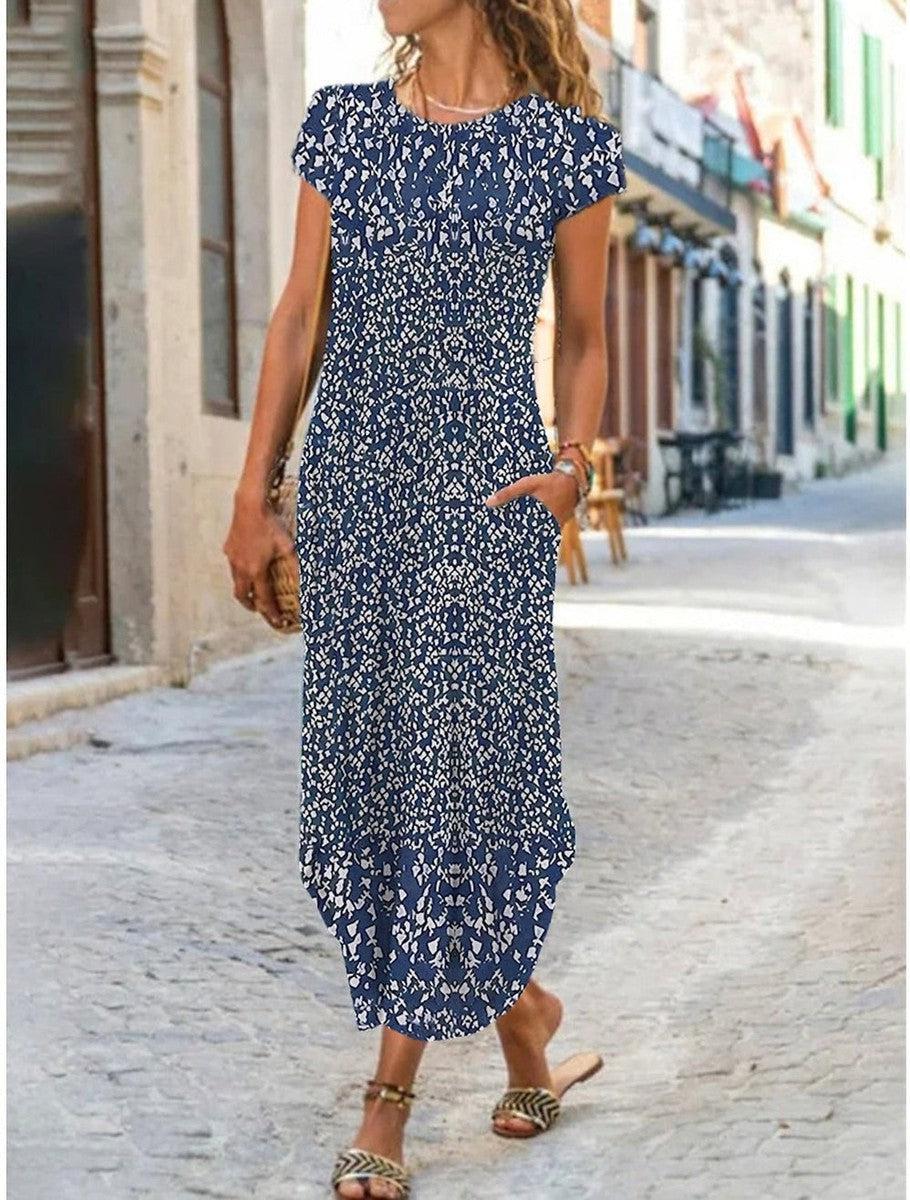 Royal Blue White Floral Print Round Collar Midi Dress