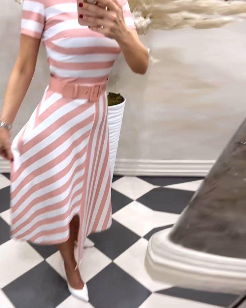 Pink Striped Short Sleeve Maxi Dress