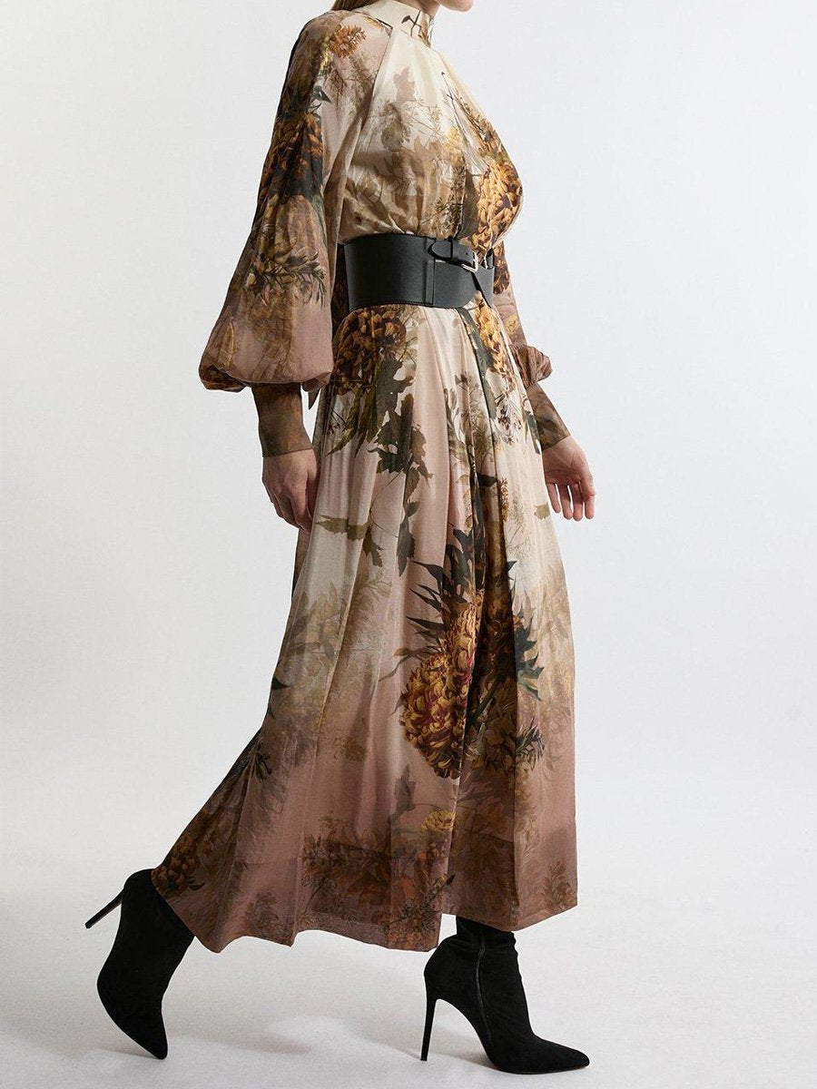 Lantern Sleeve Bow Print Belted Maxi Dress