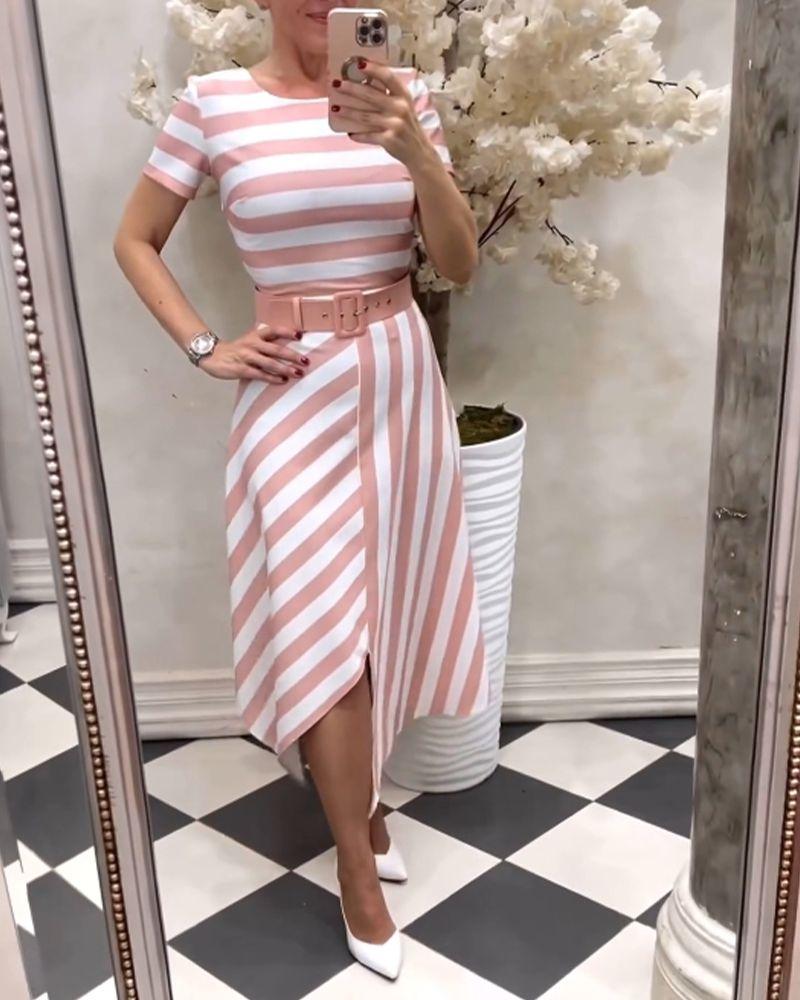 Pink Striped Short Sleeve Maxi Dress