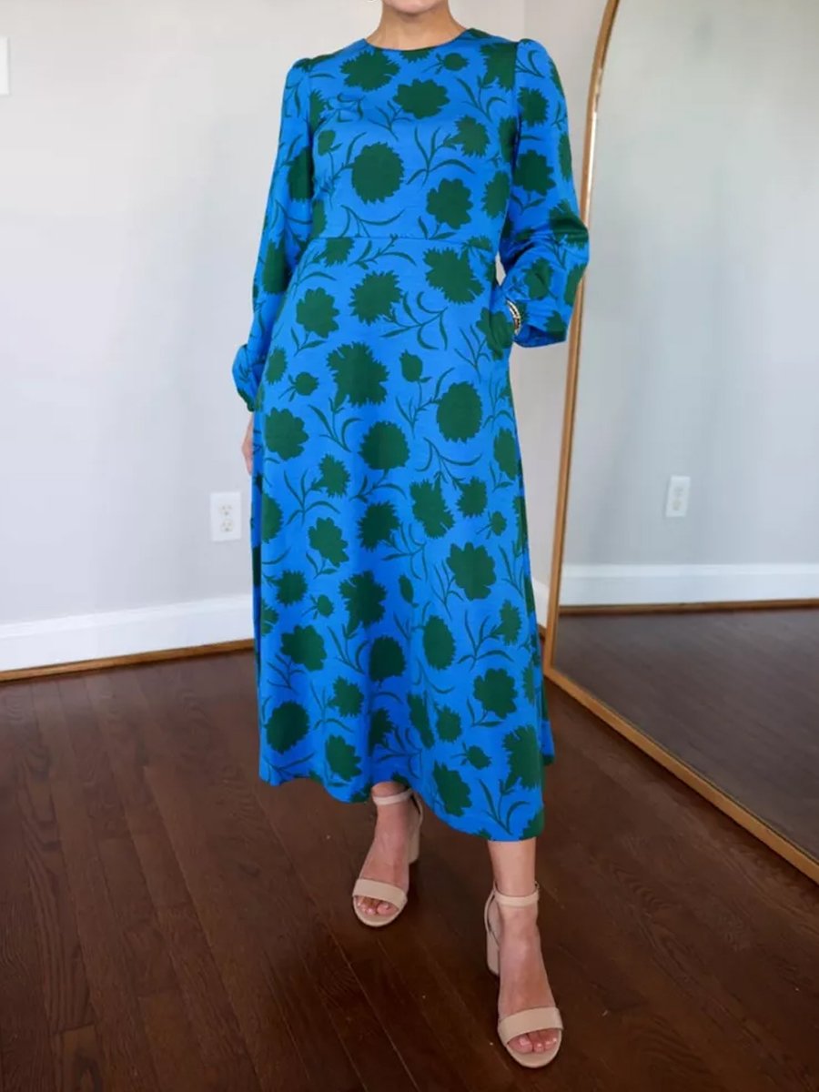 Stylish Crew Neck Long Sleeve Printed Maxi Dress