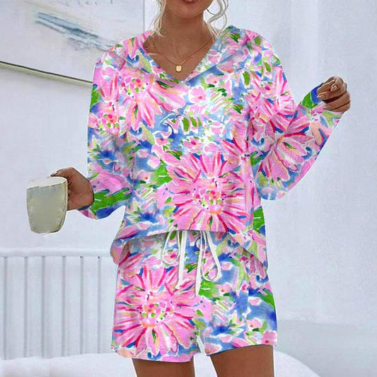 Elegant Hoodie Floral Print Two Piece Set