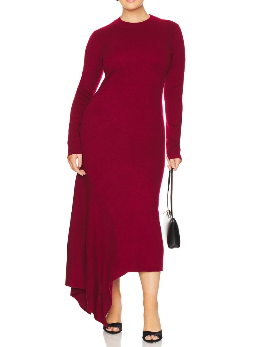 Chic Cropping Wine Long Sleeve Midi Dress