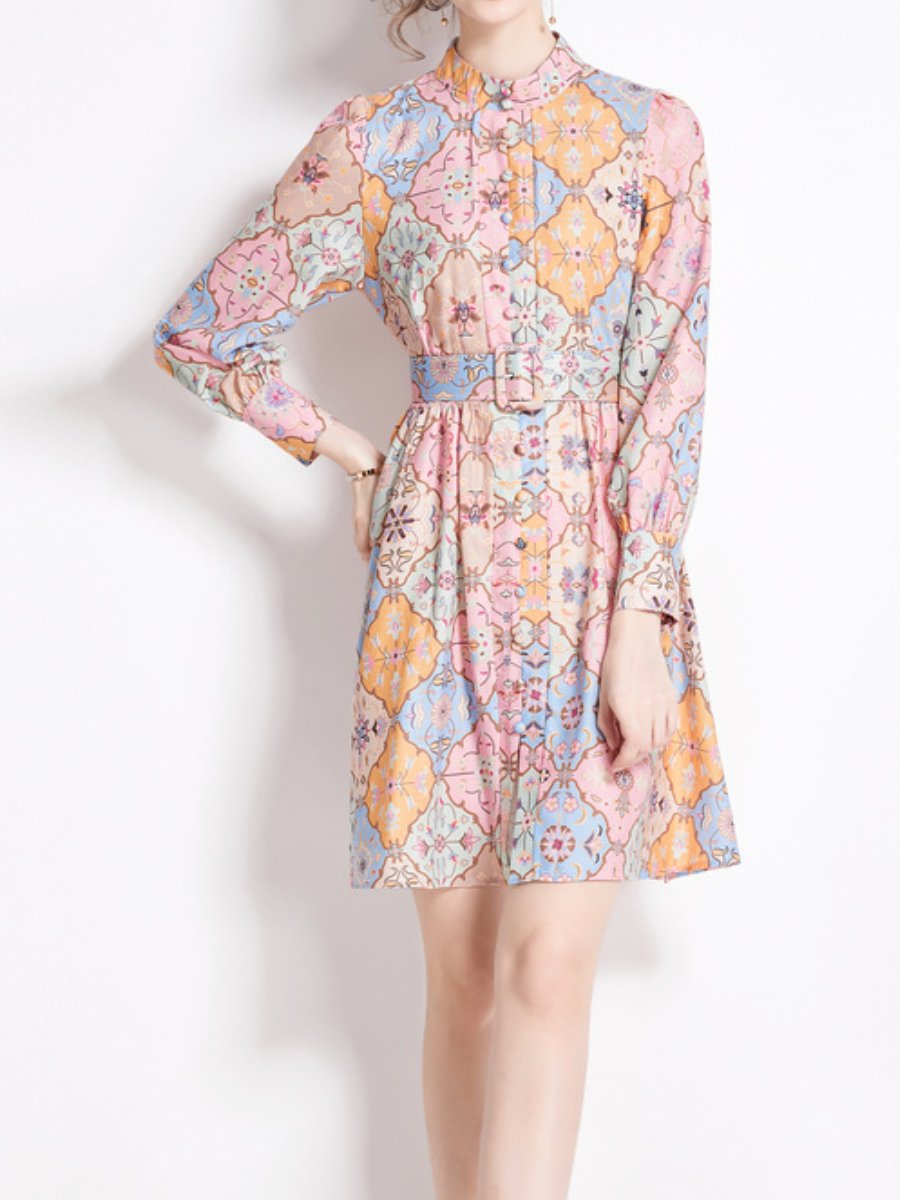 Patchwork Printed Long Sleeve Mini Dress