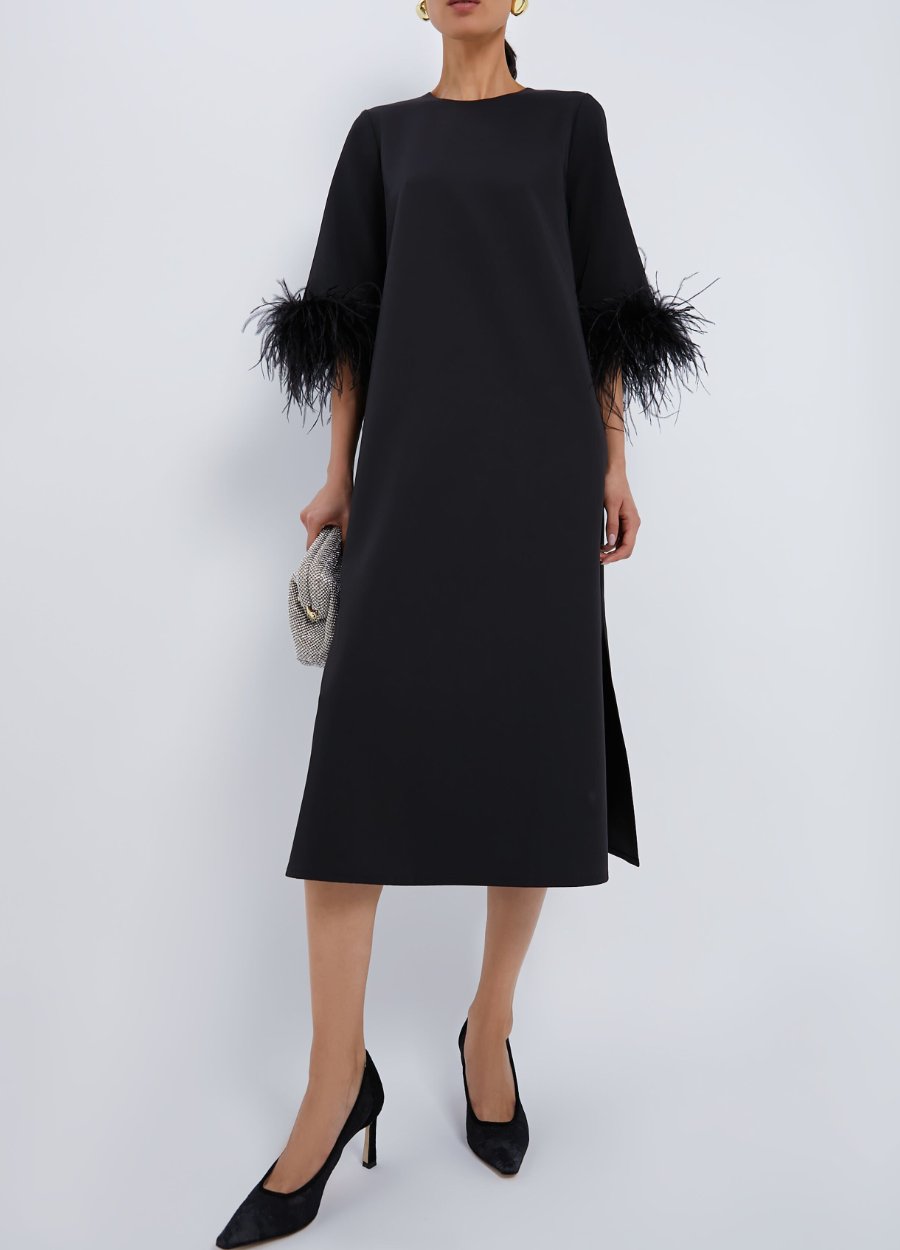 Stylish Black Feather Midi Dress