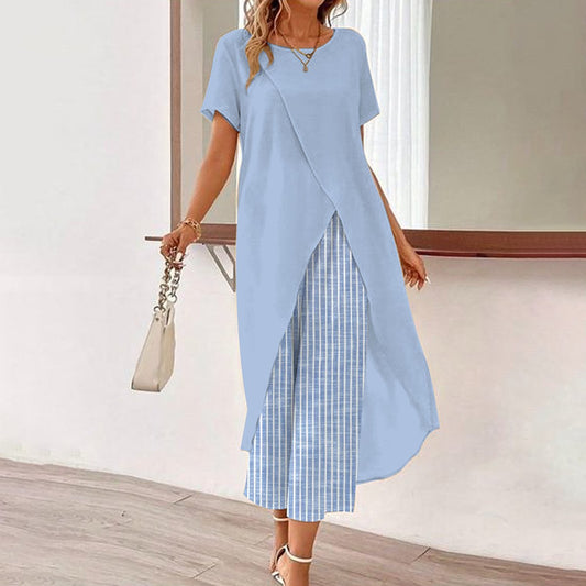 Blue Striped Round Neck Two Piece Set