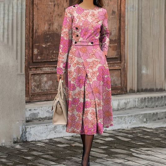 Sweet Pink Floral Print Round Neck Midi Dress