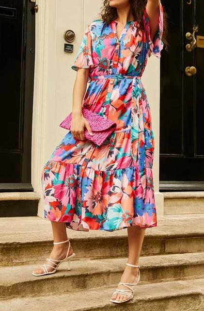 Large Floral Button Through Tiered Dress