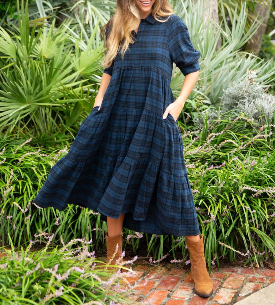 Stylish Collared Patchwork Plaid Maxi Dress