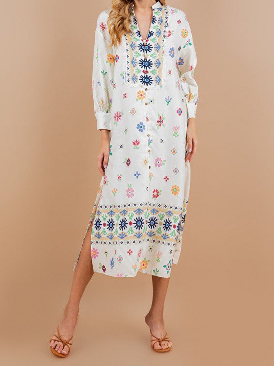 Embroidery Print 3/4 Sleeve Midi Dress