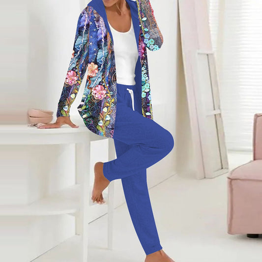 Blue Floral Print Long Sleeve Two Piece Set