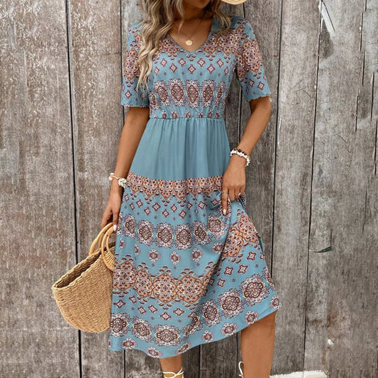 Blue Short Sleeve V-Neck Midi Dress