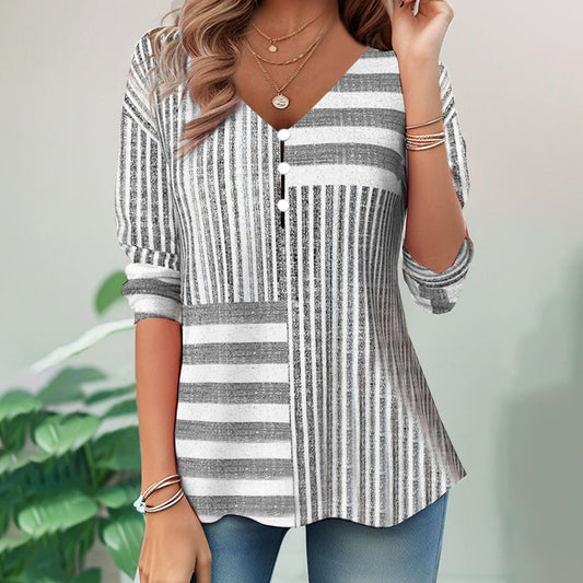 Grey V-Neck Striped Top