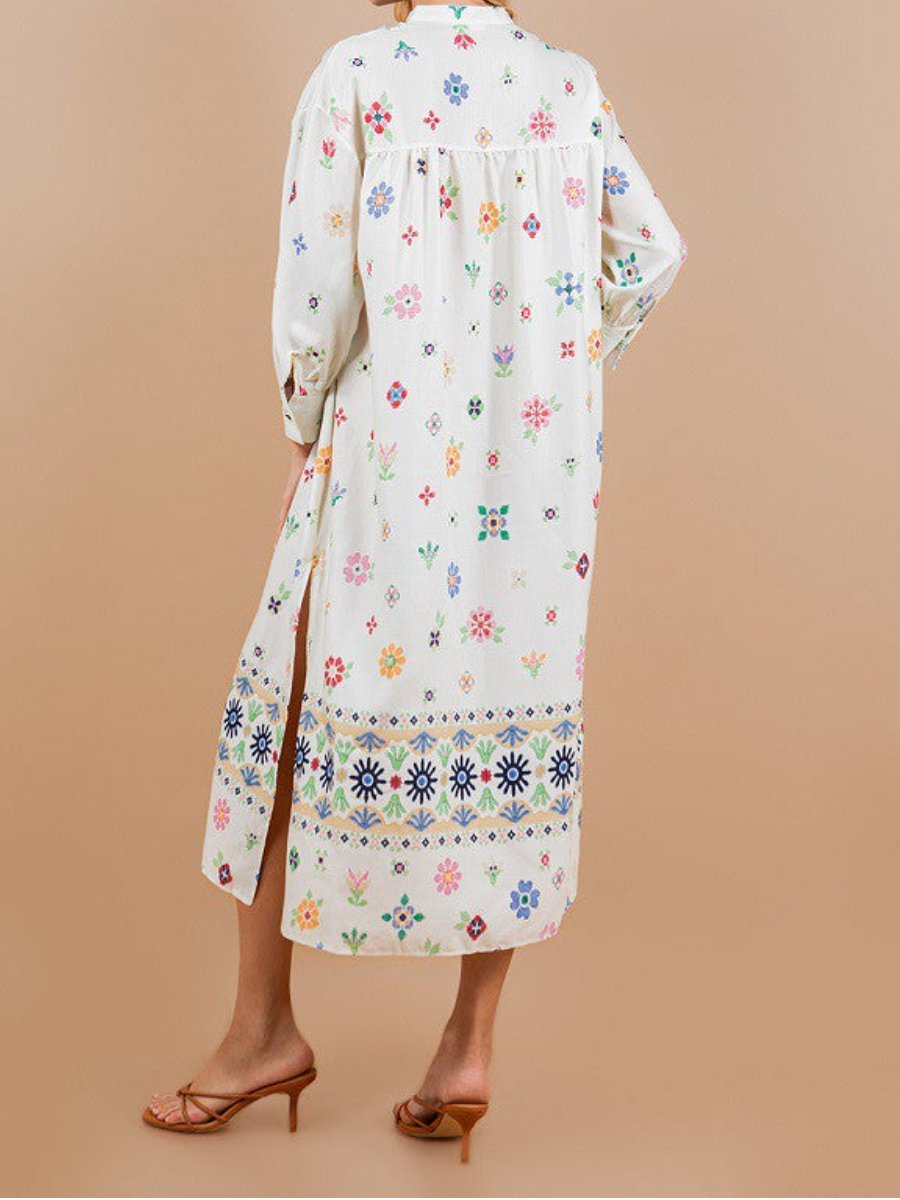 Embroidery Print 3/4 Sleeve Midi Dress