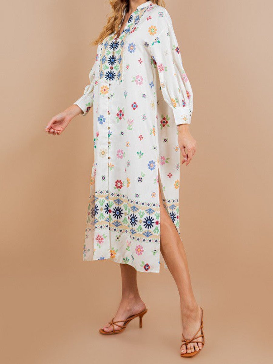 Embroidery Print 3/4 Sleeve Midi Dress