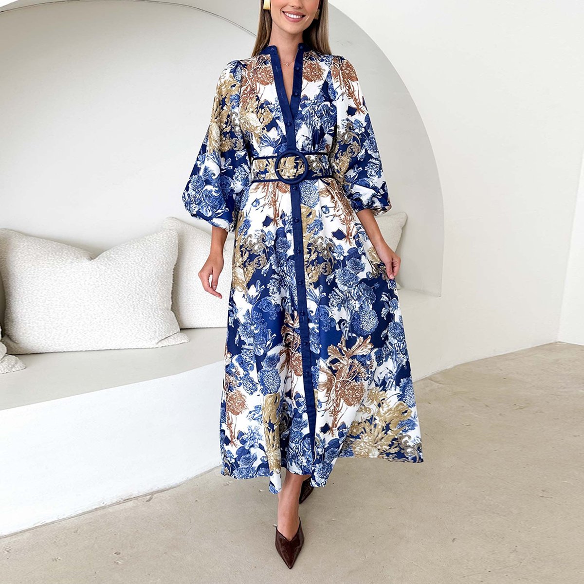 Elegant Floral Print V-Neck Long Sleeve Maxi Dress