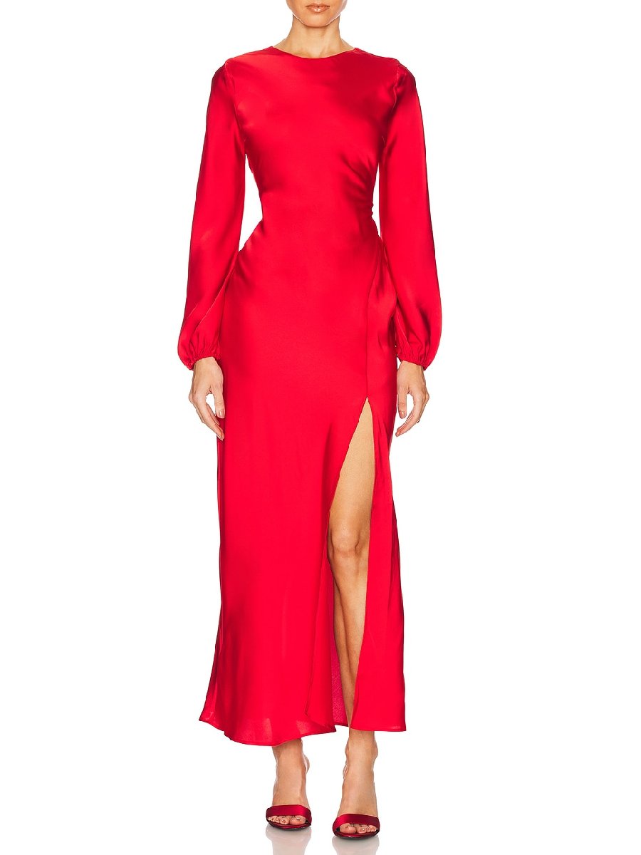 Showy Red Plain Round Neck Maxi Dress