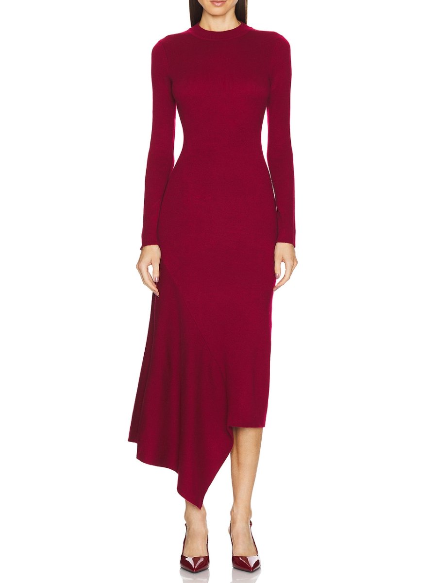 Chic Cropping Wine Long Sleeve Midi Dress