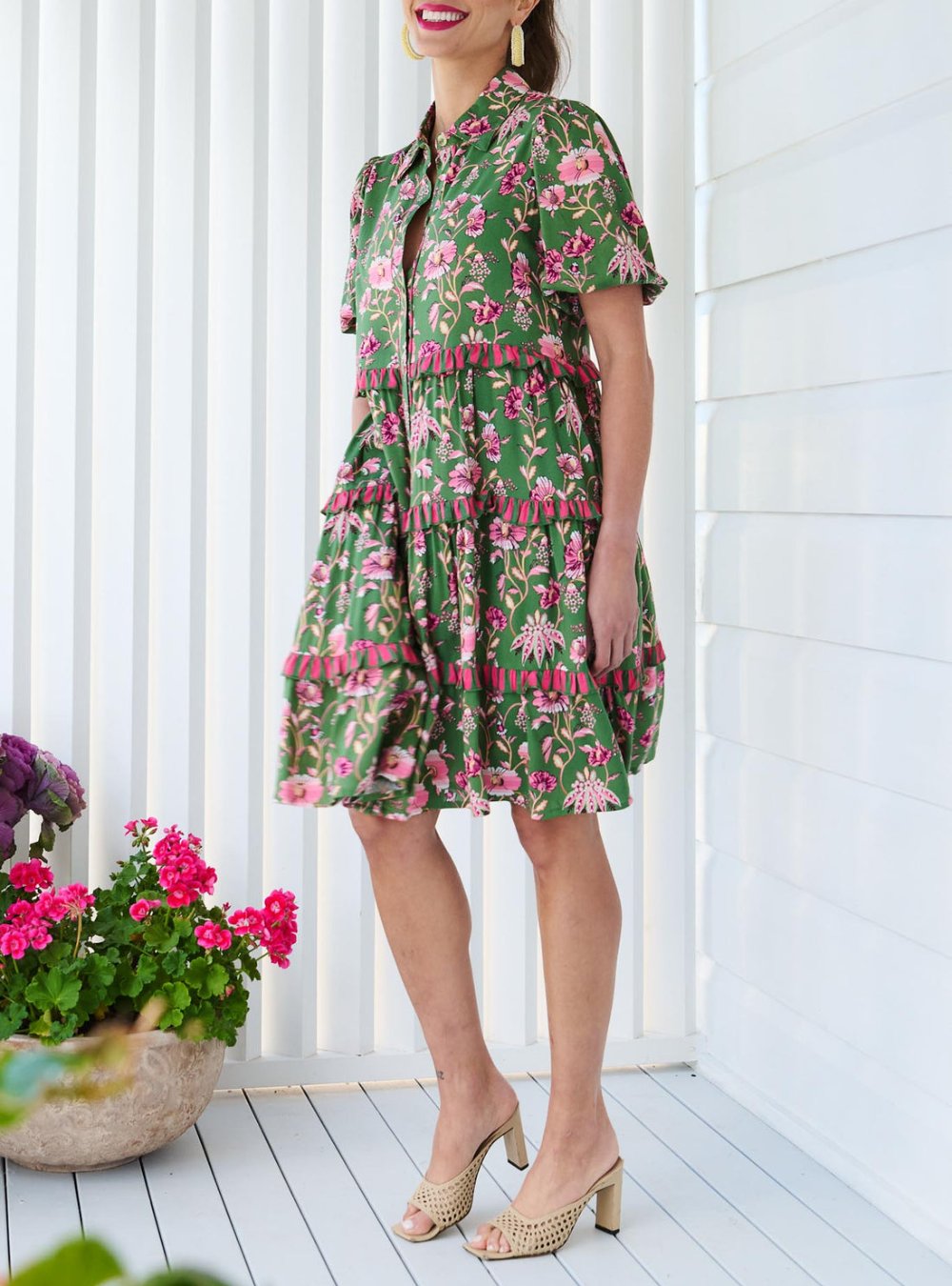 Charming Green Floral Layered Mini Dress