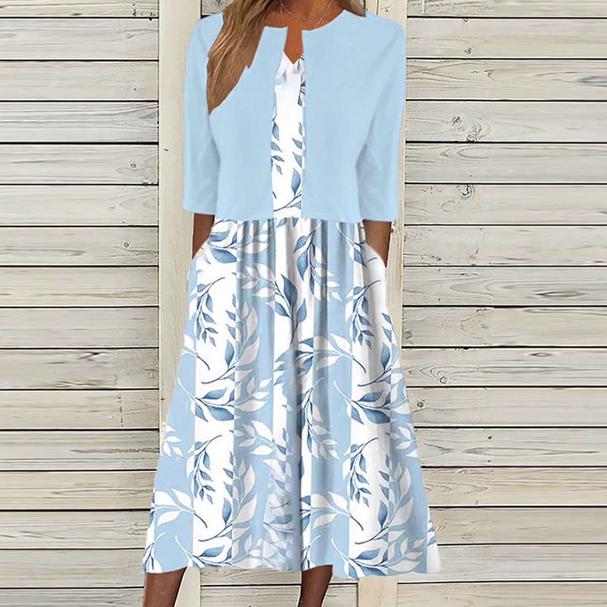 Fresh V-Neck Midi Dress With Jacket