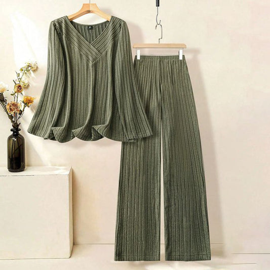 Green Plain V-Neck Two Piece Set