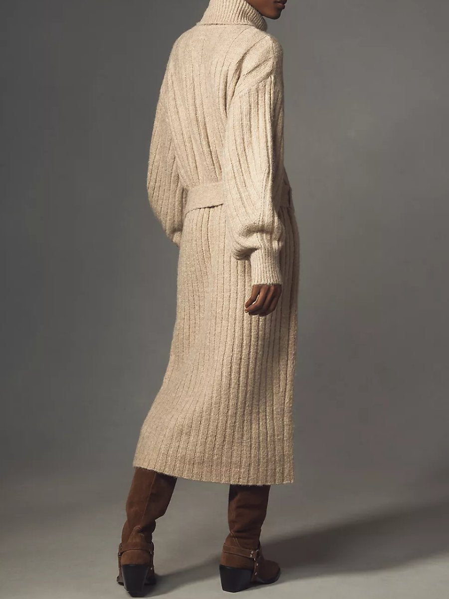 Trendy Turtleneck Belted Long-Sleeve Sweater Midi Dress