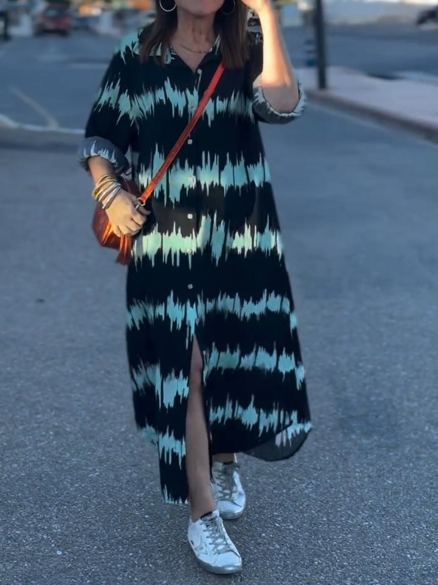 Unique V-Neck Button Long Sleeve Maxi Dress