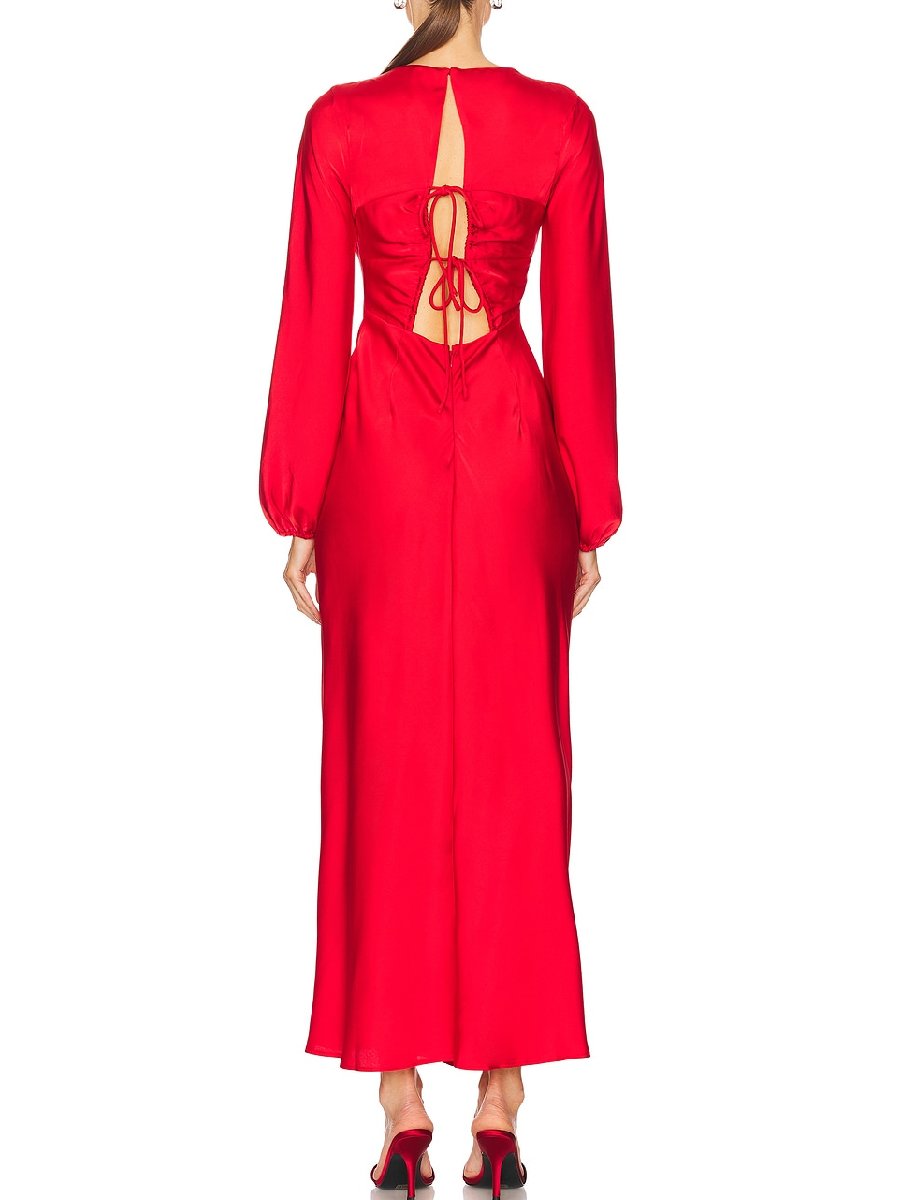 Showy Red Plain Round Neck Maxi Dress