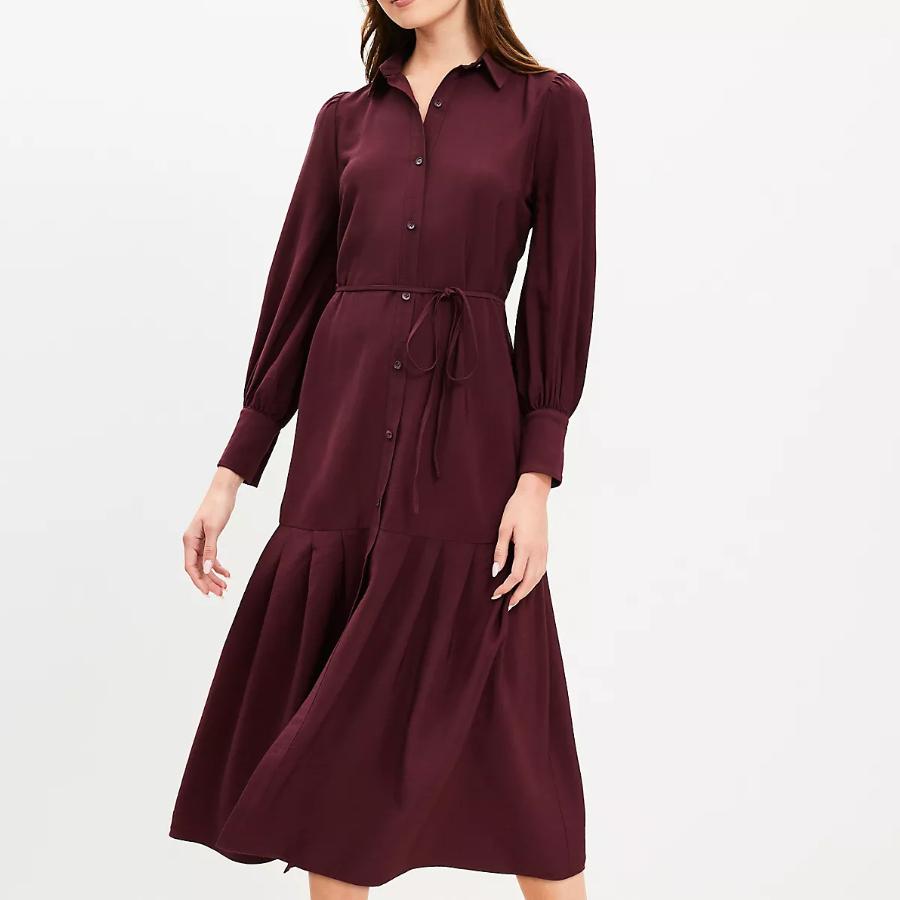 Lapel Tie Waist Midi Dress