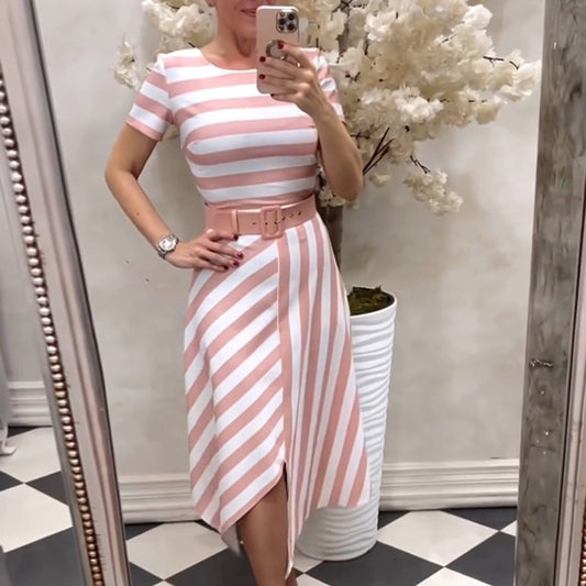 Pink Striped Short Sleeve Maxi Dress