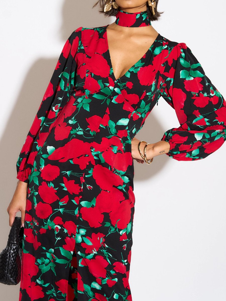 Red Floral V Neck Button Maxi Dress