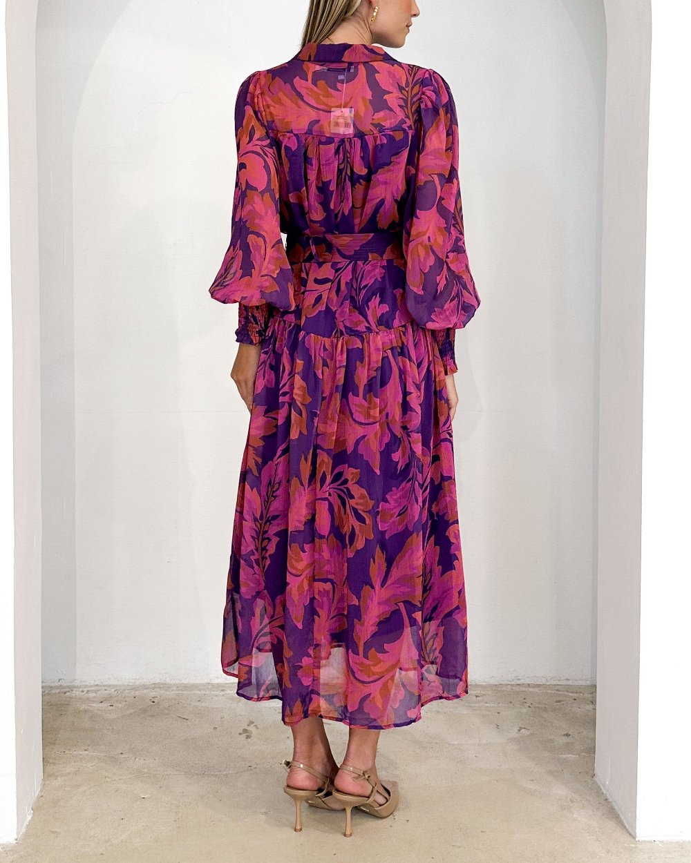 Elegant Magenta Floral Long sleeve Maxi Dress