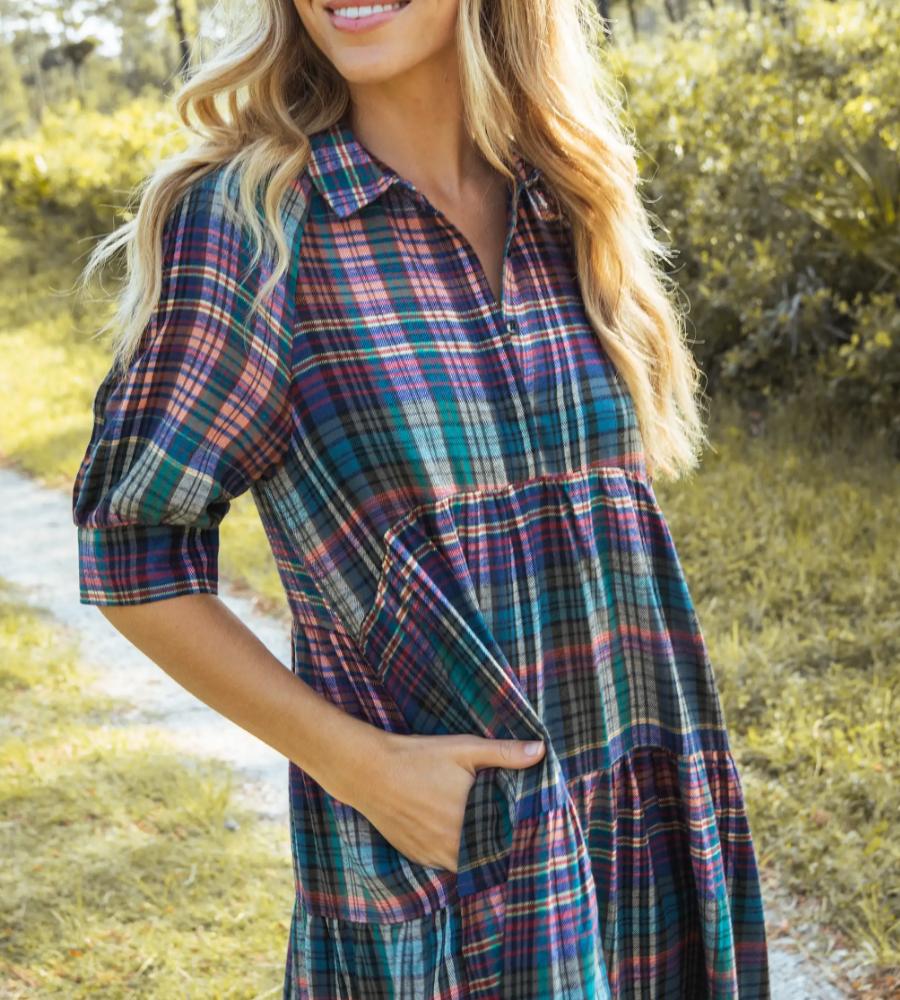 Stylish Collared Patchwork Plaid Maxi Dress