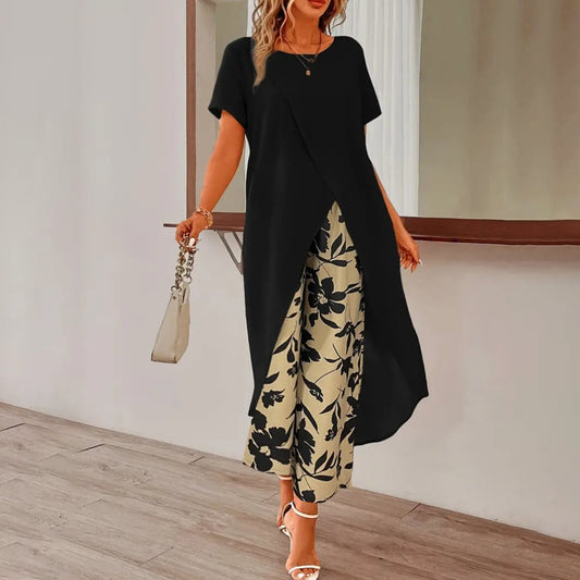 Black Plant Print Round Neck Two Piece Set