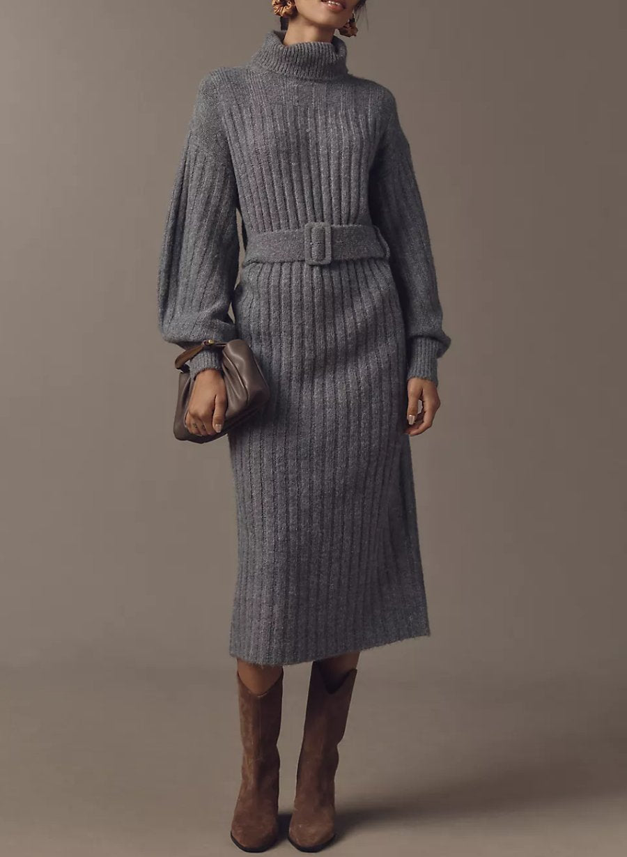 Trendy Turtleneck Belted Long-Sleeve Sweater Midi Dress