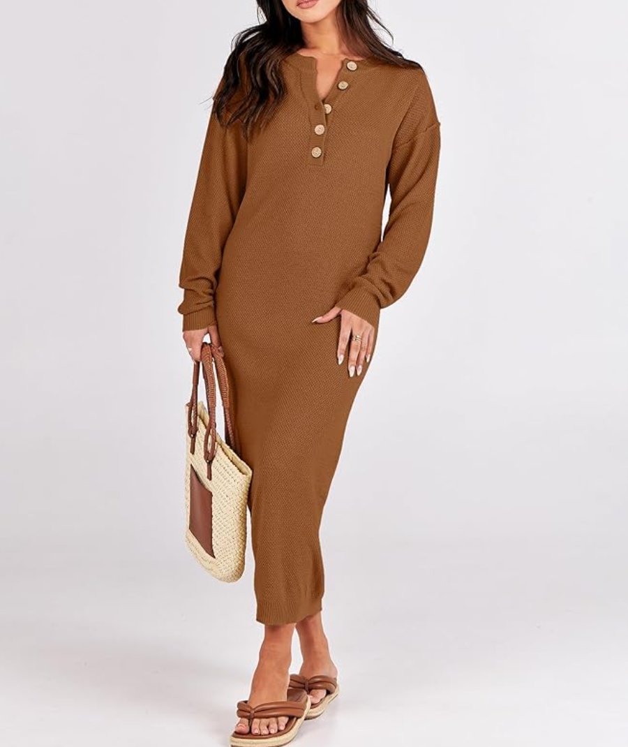 Long Sleeve Button Waffle Knit Fall Dress