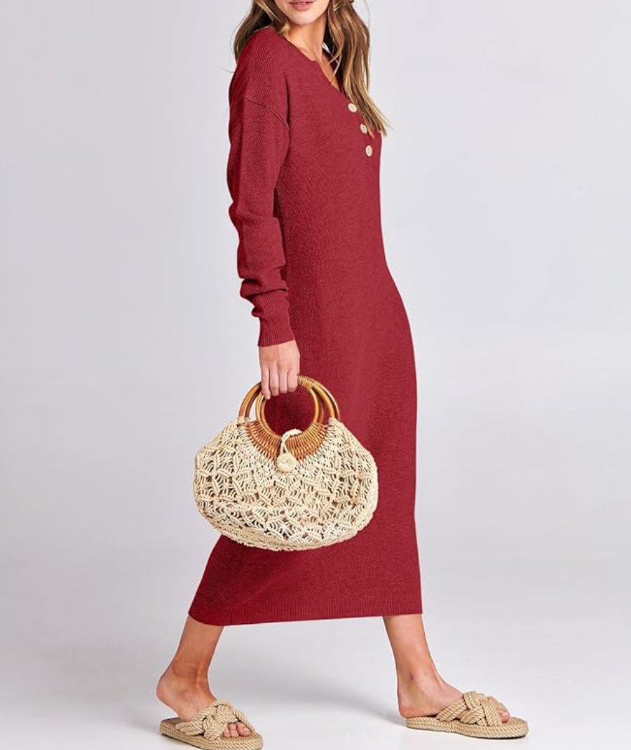 Long Sleeve Button Waffle Knit Fall Dress